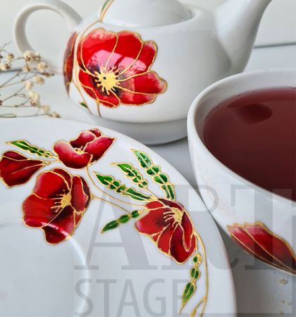  Hand painted ceramic teapot - Poppies