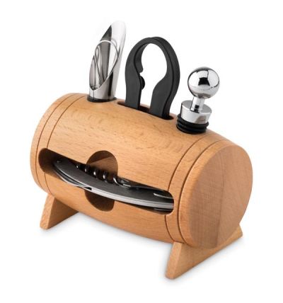 Wooden stand with 4 wine accessories