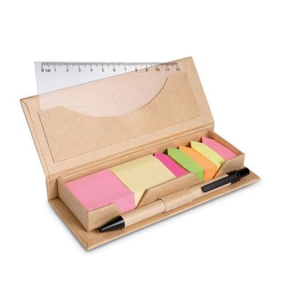 Recycled cardboard sticky memo note dispencer with  pen