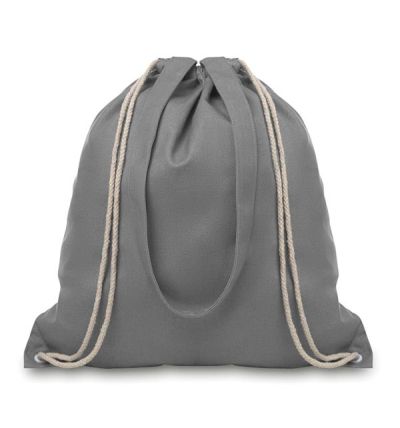 Canvas shopping bag with long handles and drawstring
