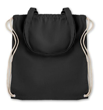 Canvas shopping bag with long handles and drawstring