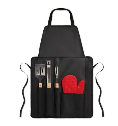 BBQ apron with three different BBQ tools