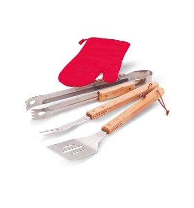 BBQ apron with three different BBQ tools